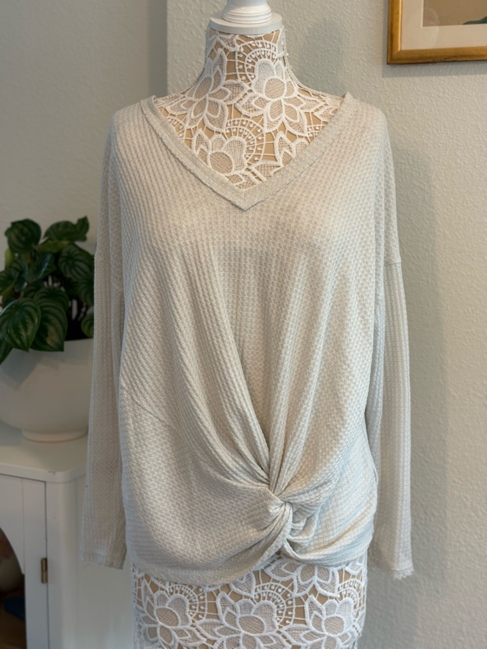 Anthropologie Slouchy Twist Front Waffle Knit Top in Ivory- size L